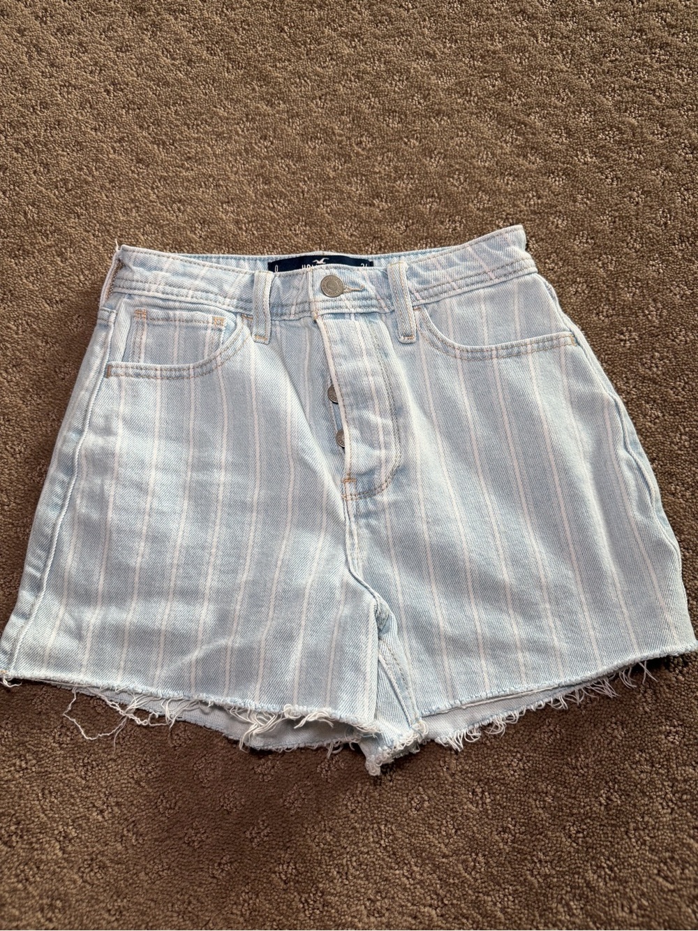 Hollister Light Blue and White Striped High-Rise Denim Shorts